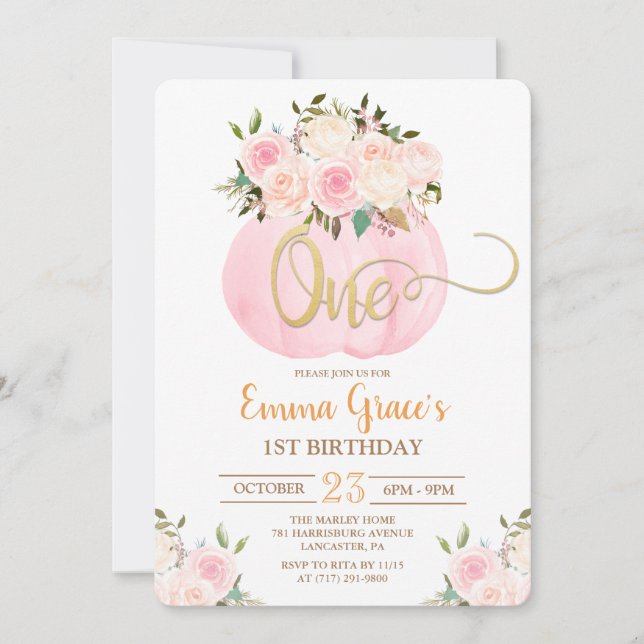 Floral Pumpkin First Birthday Invitation (Front)
