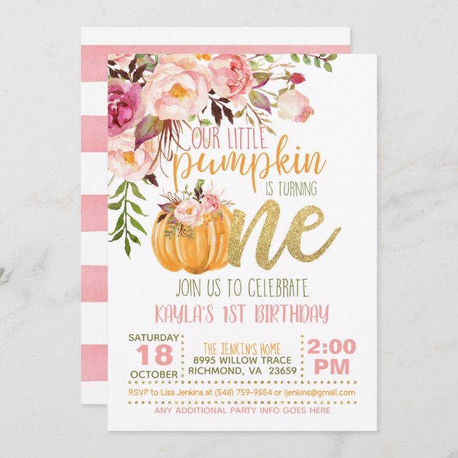 Floral Pumpkin First Birthday Invitation - Girl (Front/Back)