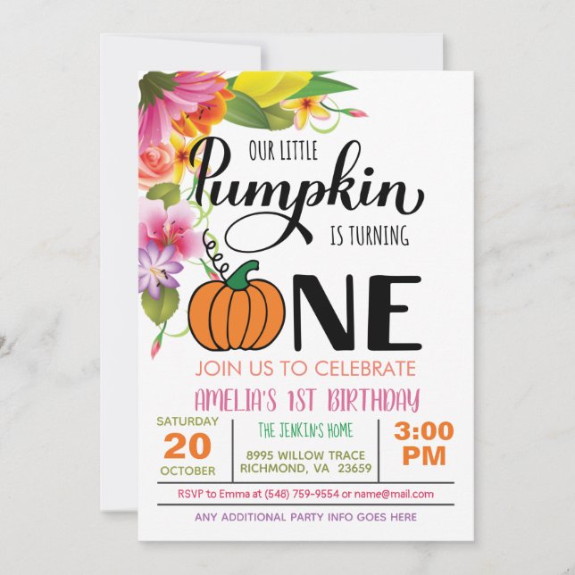 Floral Pumpkin First Birthday Invitation - Girl (Front)