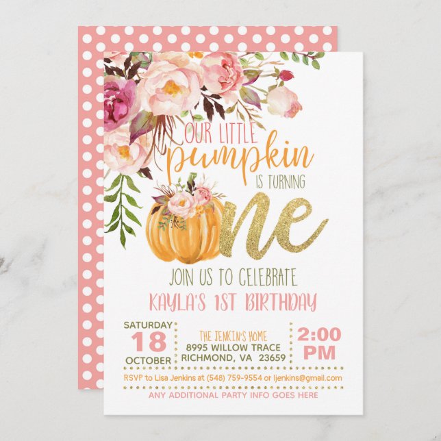 Floral Pumpkin First Birthday Invitation - Girl (Front/Back)
