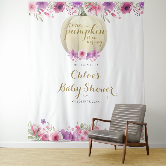 Floral Pumpkin Girl Baby Shower Photo Backdrop Tapestry (In Situ)