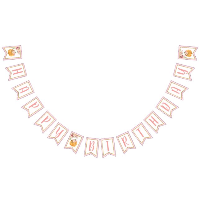 Floral Pumpkin Happy Birthday Banner - Pink Plaid (All)