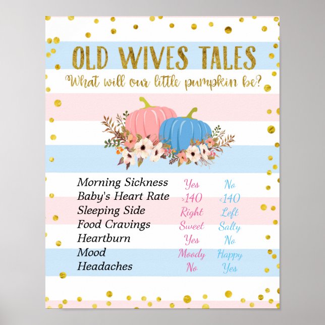 Floral Pumpkin Old Wives Tales Gender Reveal Board Poster (Front)