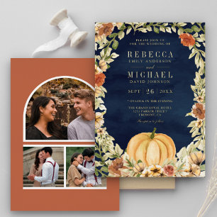 Floral Pumpkin Photo Collage Navy Wedding Gold
