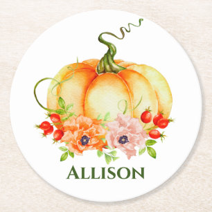 Floral Pumpkin Round Paper Coaster