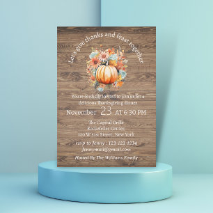 Floral Pumpkin, Rustic Wood Thanksgiving Dinner Invitation