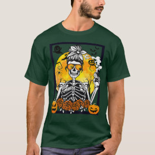 Floral Pumpkin Skeleton Messy Bun Drinking Coffee T-Shirt