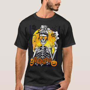 Floral Pumpkin Skeleton Messy Bun Drinking Coffee T-Shirt