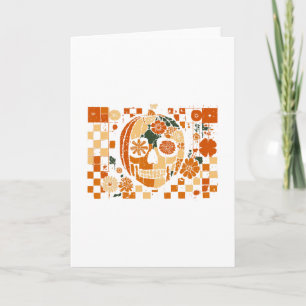 Floral Pumpkin Skull Checkered Fall Halloween Than Card