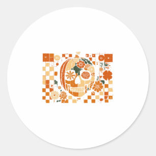 Floral Pumpkin Skull Checkered Fall Halloween Than Classic Round Sticker
