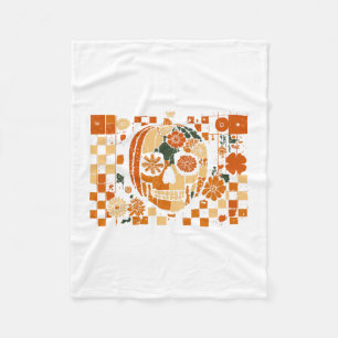 Floral Pumpkin Skull Checkered Fall Halloween Than Fleece Blanket