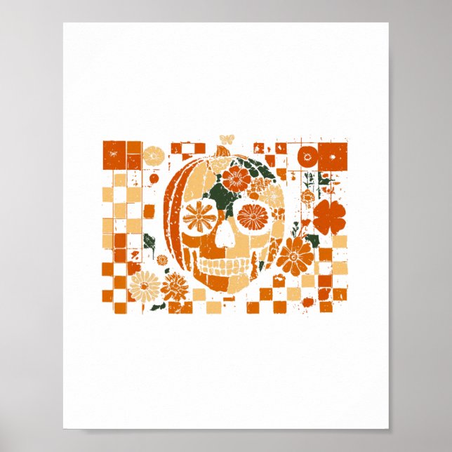 Floral Pumpkin Skull Checkered Fall Halloween Than Poster (Front)