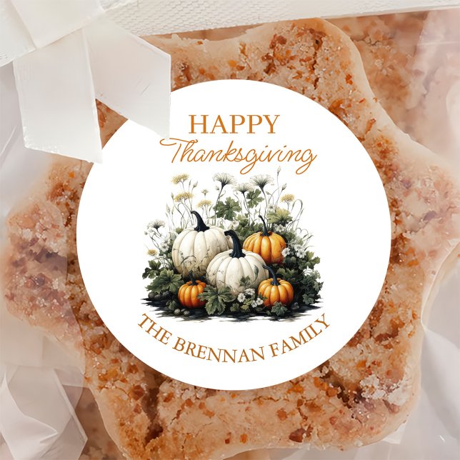 Floral Pumpkin Thanksgiving Classic Round Sticker (Creator Uploaded)