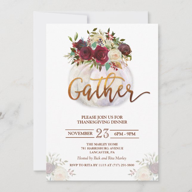 Floral Pumpkin Thanksgiving Dinner Invitation (Front)