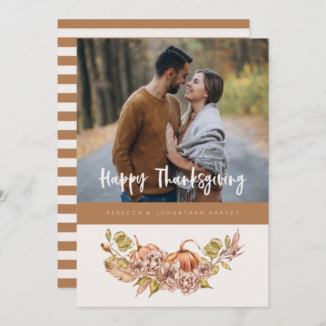 Floral Pumpkin Thanksgiving Fall Holiday Card (Front/Back)