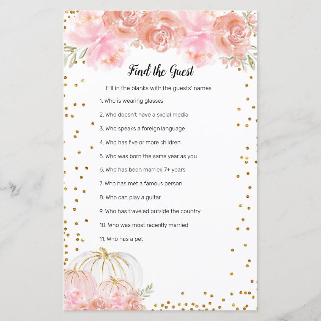 Floral Pumpkin Watercolor Find the Guest game (Front)