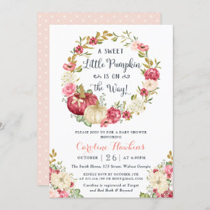 Floral Pumpkin Wreath Blush Glitter Baby Shower Invitation