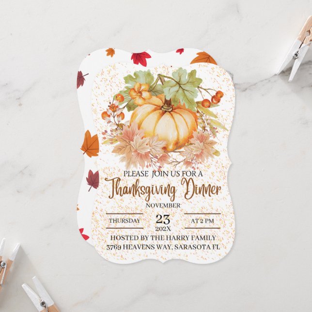 Floral Pumpkins Autumn Leaves Thanksgiving Dinner Invitation (Front/Back In Situ)