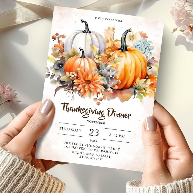 Floral Pumpkins Autumn Leaves Thanksgiving Dinner Invitation (Creator Uploaded)