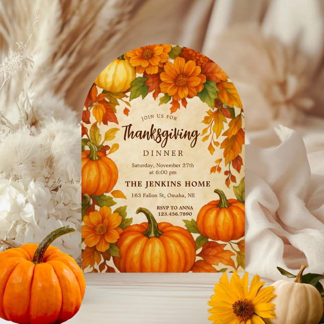Floral Pumpkins Watercolor Thanksgiving Dinner Invitation (Creator Uploaded)
