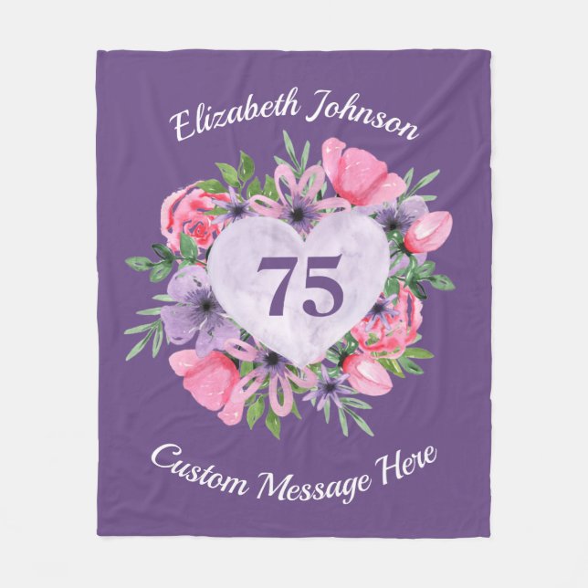 Floral Purple 75th Birthday Blanket for Women (Front)