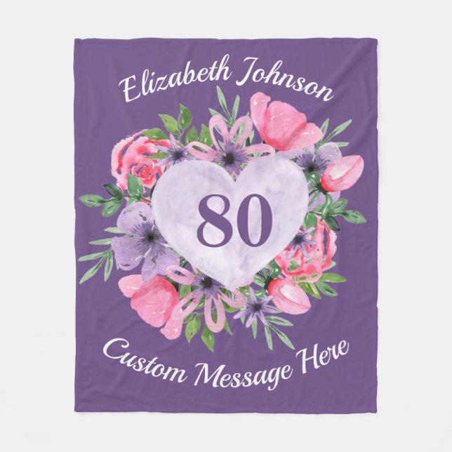 Floral Purple 80th Birthday Blanket for Women (Front)