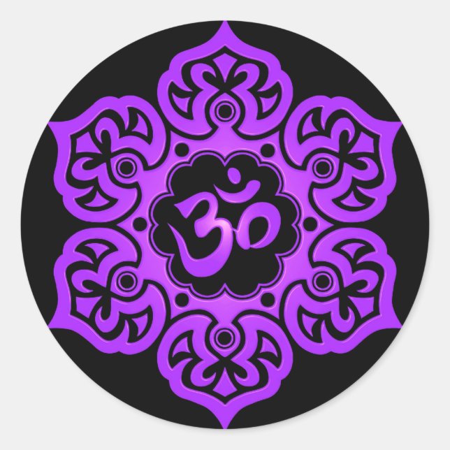 Floral Purple and Black Aum Design Classic Round Sticker (Front)