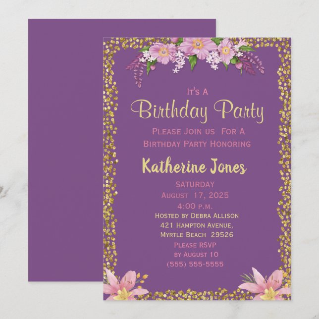 Floral Purple and Gold Birthday Party Invitations (Front/Back)