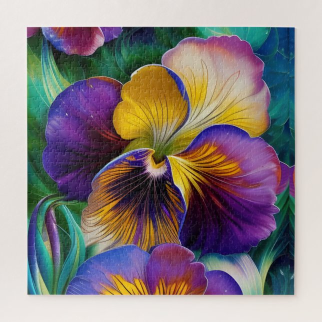Floral Purple and gold pansy blue green leaves Jigsaw Puzzle (Vertical)