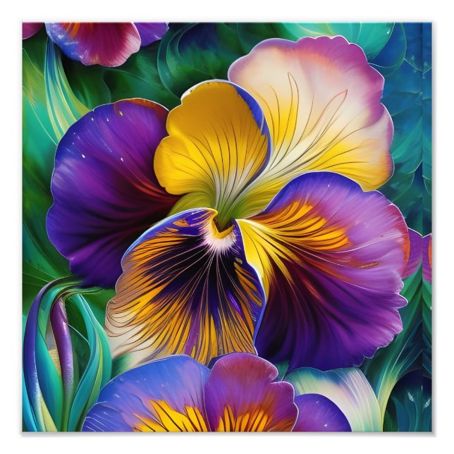 Floral Purple and gold pansy blue green leaves Photo Print (Front)