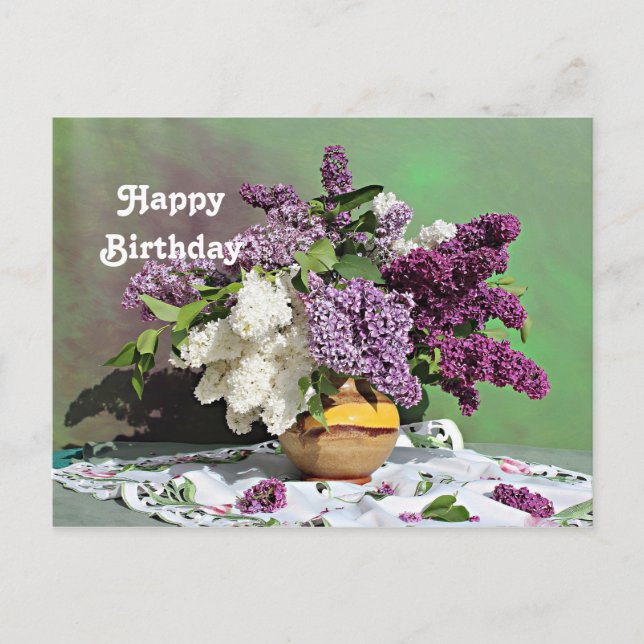 Floral Purple and White Lilacs Bouquet Birthday Postcard (Front)