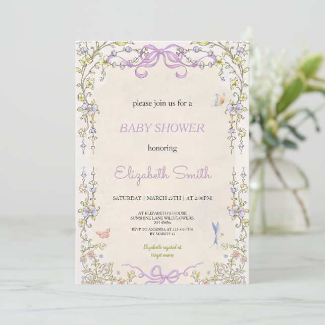 Floral purple babyshower party invitation (Standing Front)