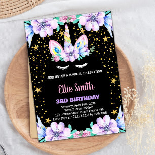 Floral Purple Black Unicorn Birthday Invitations