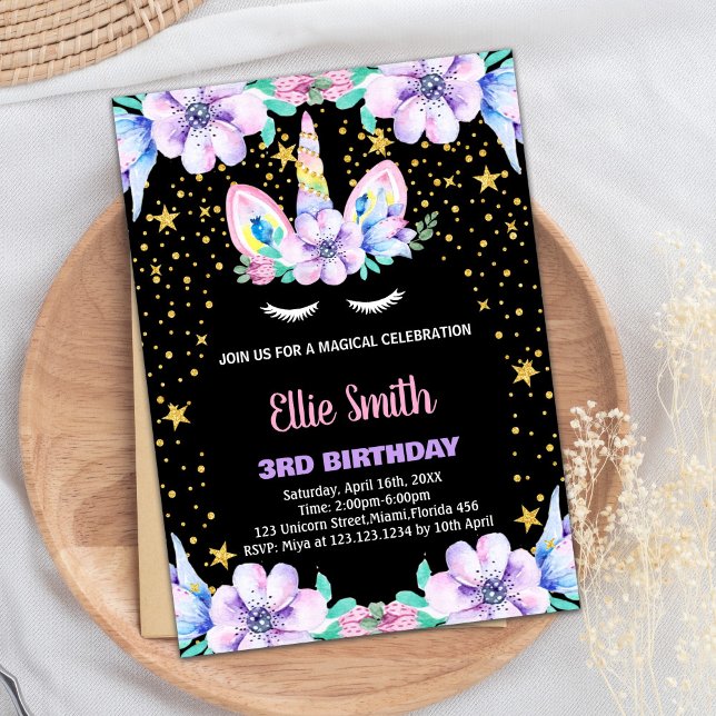 Floral Purple Black Unicorn Birthday Invitations (Floral Purple Black Unicorn Birthday Invitations)