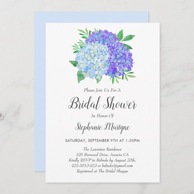 Floral Purple Blue Hydrangea Bouquet Bridal Shower Invitation (Front/Back)
