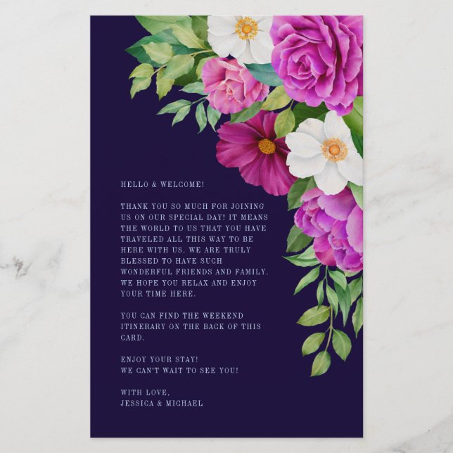 Floral Purple Blue Wedding Welcome Itinerary (Front)