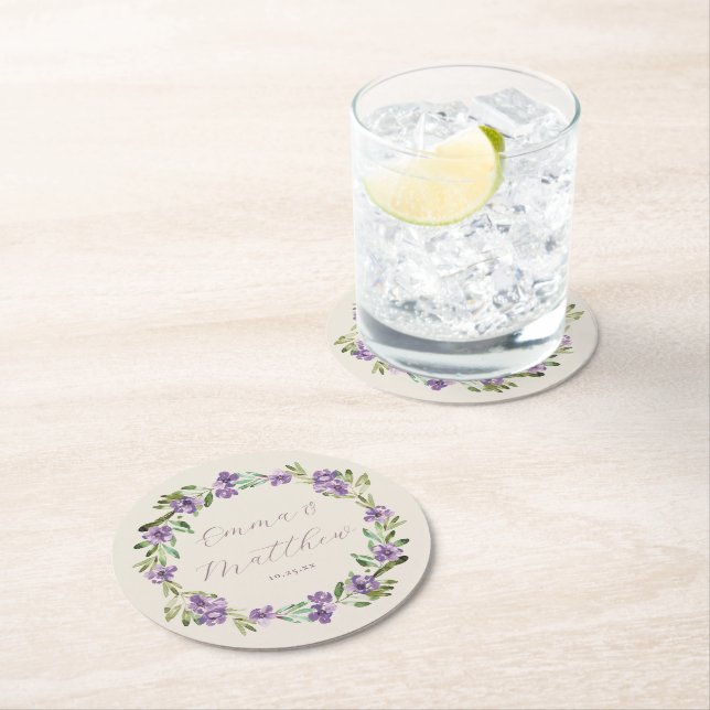 Floral Purple Botanical Wreath Wedding Monogram Round Paper Coaster (Insitu)