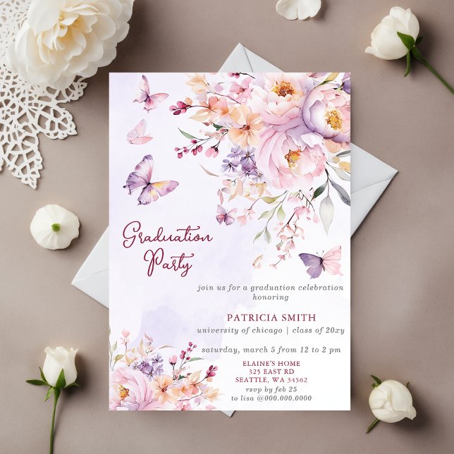 Floral Purple Butterflies Photo Graduation Party Invitation (Floral Purple Butterflies Photo Graduation Party Invitation)