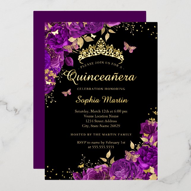Floral Purple Butterfly Gold Elegant Quinceanera  (Front/Back)