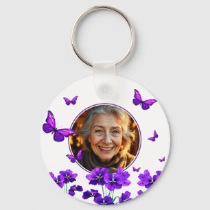 Floral Purple Butterfly Grandma Photo Key Ring