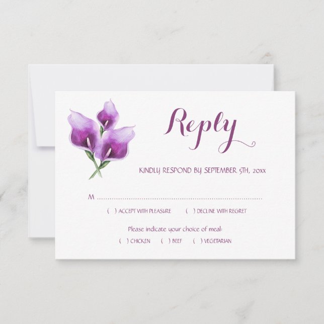 Floral Purple Calla Lily Monogram Wedding Meal RSVP Card (Front)
