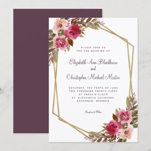 Floral Purple Cassis Wedding Chic Gold Frame Invitation