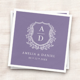 Floral Purple Crest Wedding Monogram Napkin