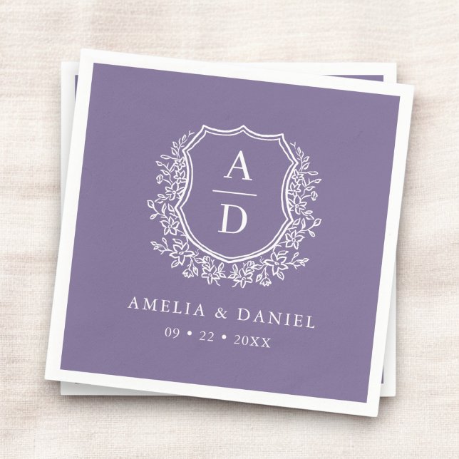 Floral Purple Crest Wedding Monogram Napkin (Creator Uploaded)