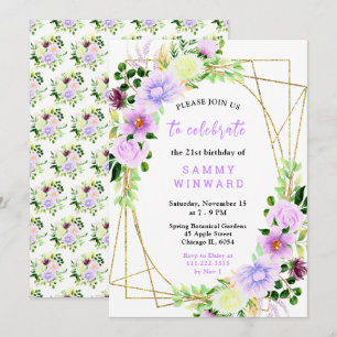 Floral Purple Flowers with Foliage Birthday Invitation