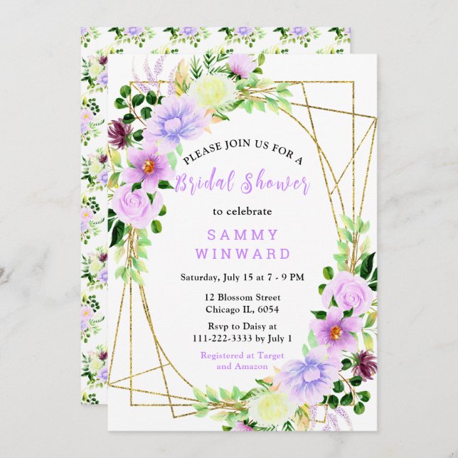 Floral Purple Flowers with Foliage Bridal Shower Invitation (Front/Back)