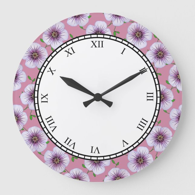 Floral Purple Garden Flowers Roman Digits Large Clock (Front)