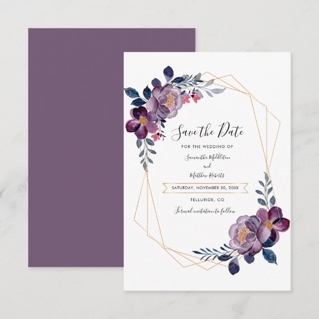 Floral Purple Geometric Script Save the Date Card (Front/Back)
