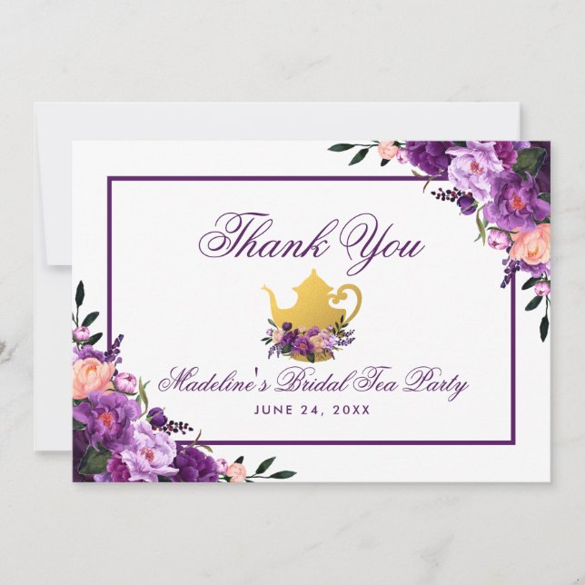 Floral Purple Gold Bridal Tea Party Thank You P (Front)