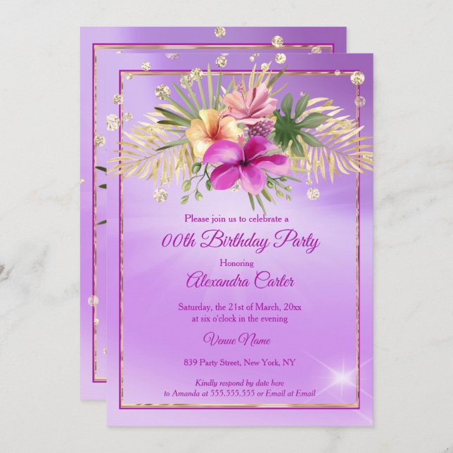 Floral Purple Gold Hibiscus Birthday Party Invitation (Front/Back)